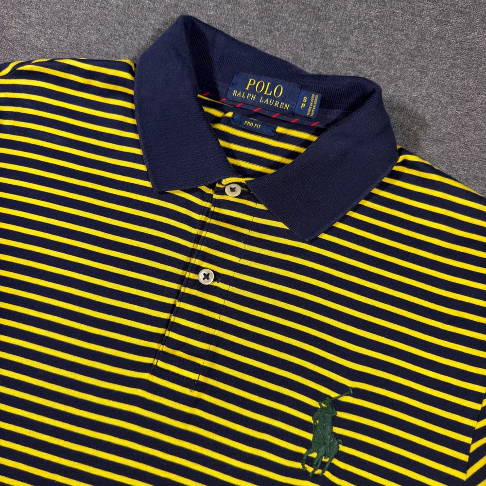 Polo Ralph Lauren Polo Shirt Mens S Yellow Navy Striped Big Pony Pro Fit Preppy
